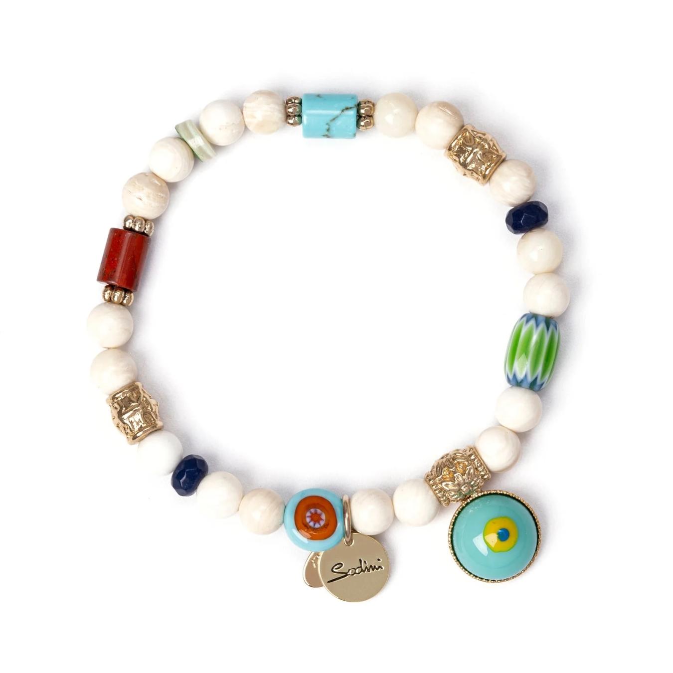 Bracciale Elastico con Cilindretti Decorati e Pendente a Semisfera Partenope